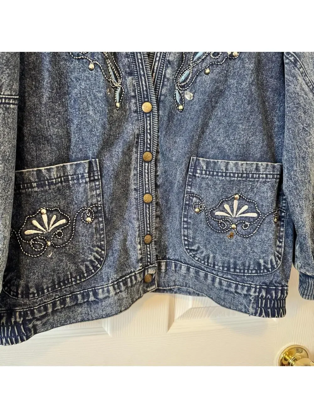 Vintage 90s Embellished Acid Wash Denim Jacket Oversized Cardigan Rhinesto Boho - Picture 4 of 9